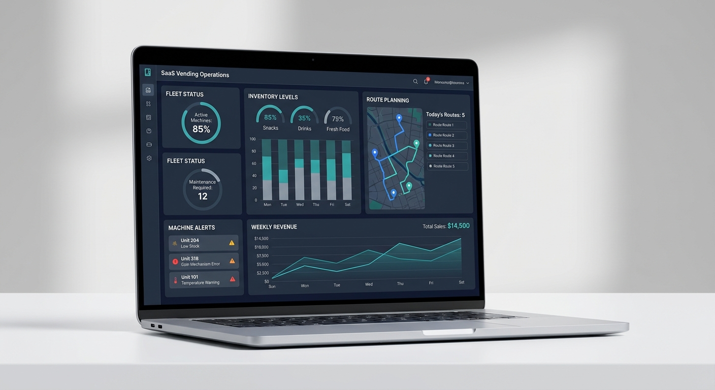 Placeholder vending machine software dashboard showing fleet overview, alerts, and remote monitoring widgets.