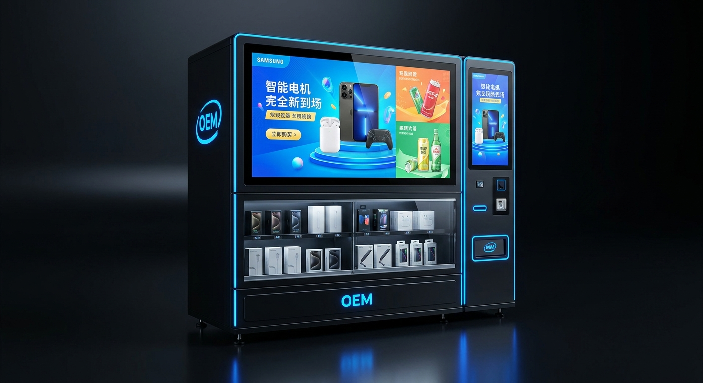 Placeholder OEM vending machine with digital signage, branded screen content, and white-label presentation.