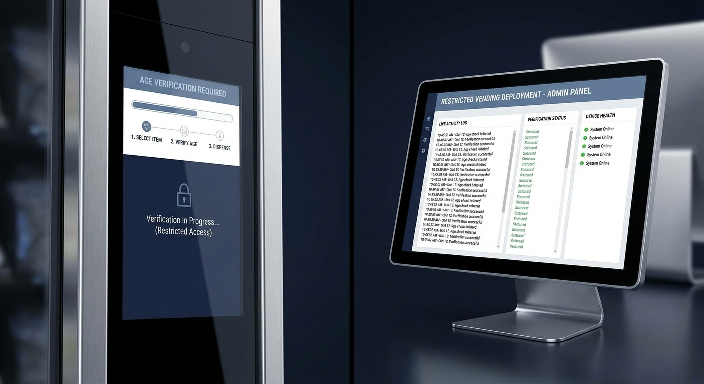 Placeholder age-restricted vending software workflow showing controlled machine flow and admin oversight context.
