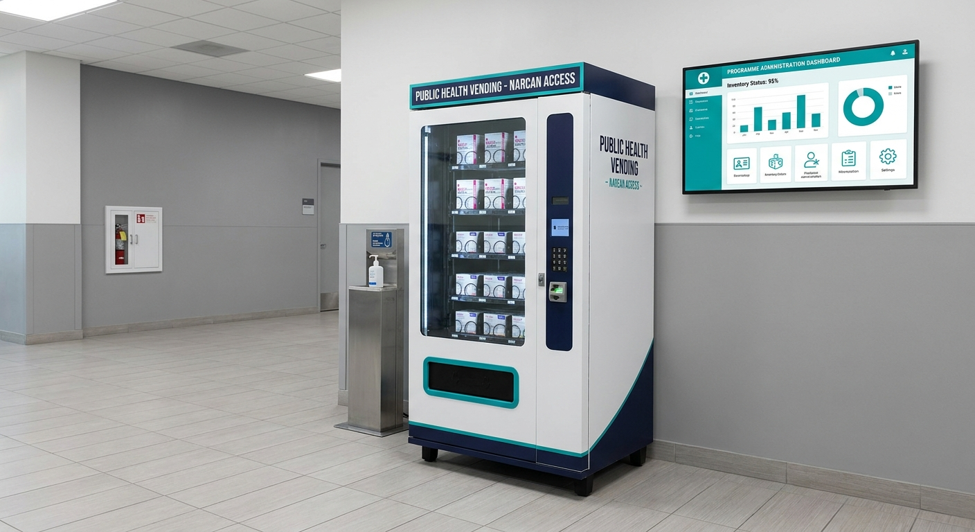 Placeholder Narcan vending programme deployment with a machine and public-health administration view.