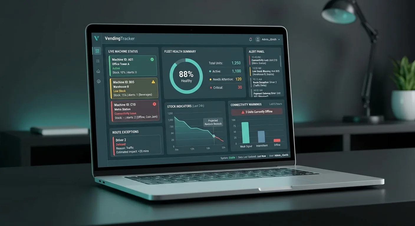 笔记本电脑上的 VendingTracker 遥测仪表盘，显示实时机器告警和机队状态