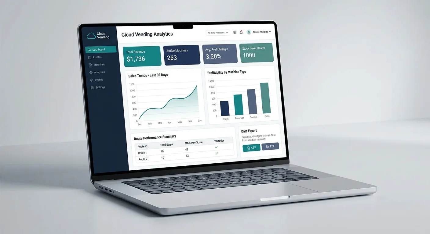 笔记本电脑上的 VendingTracker 盈利仪表盘，显示单机销售与表现