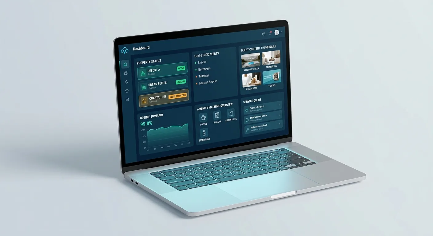 笔记本电脑上展示的酒店场景自动售货运营仪表盘