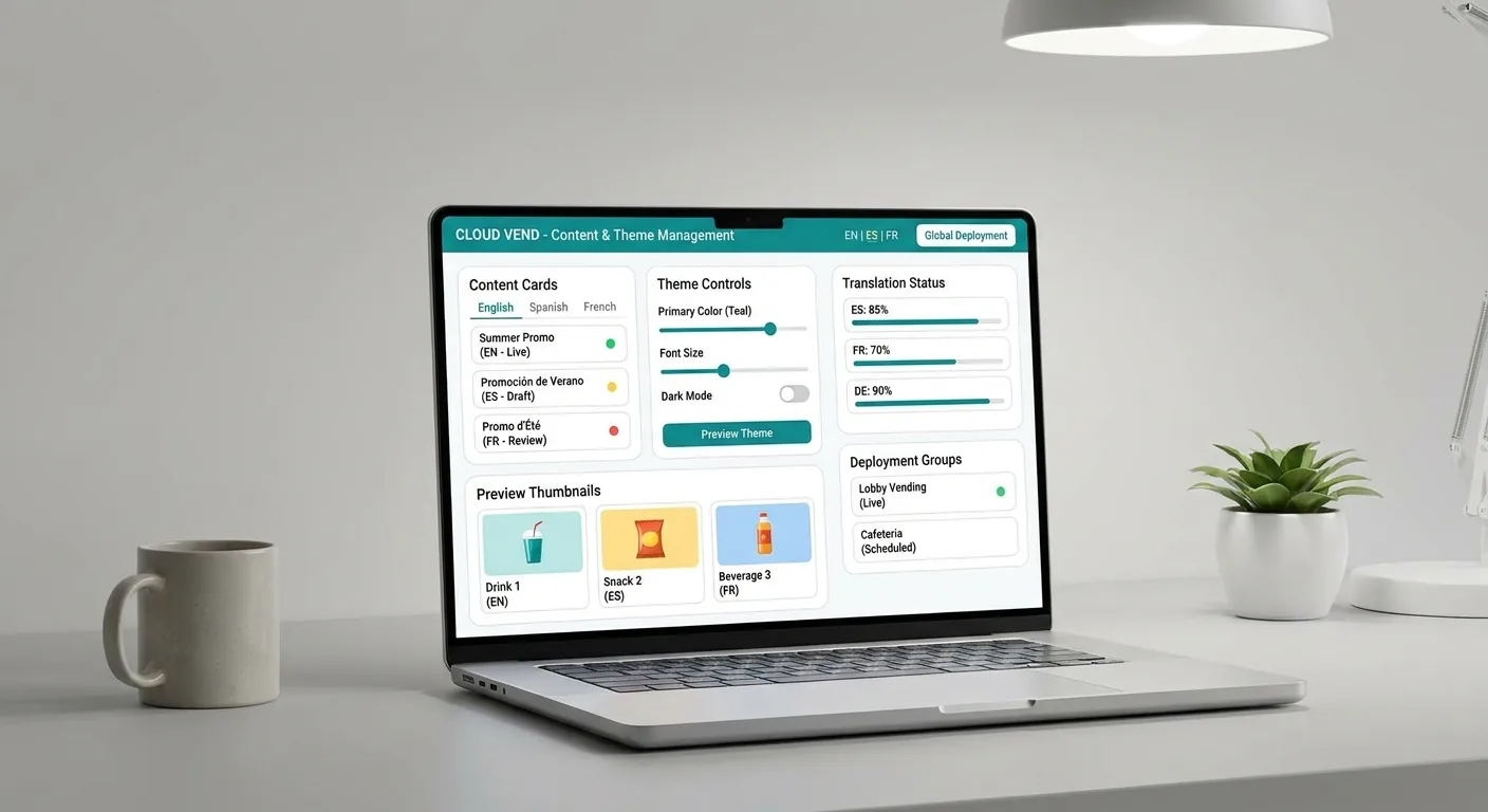 笔记本电脑上展示的多语言内容与主题管理仪表盘