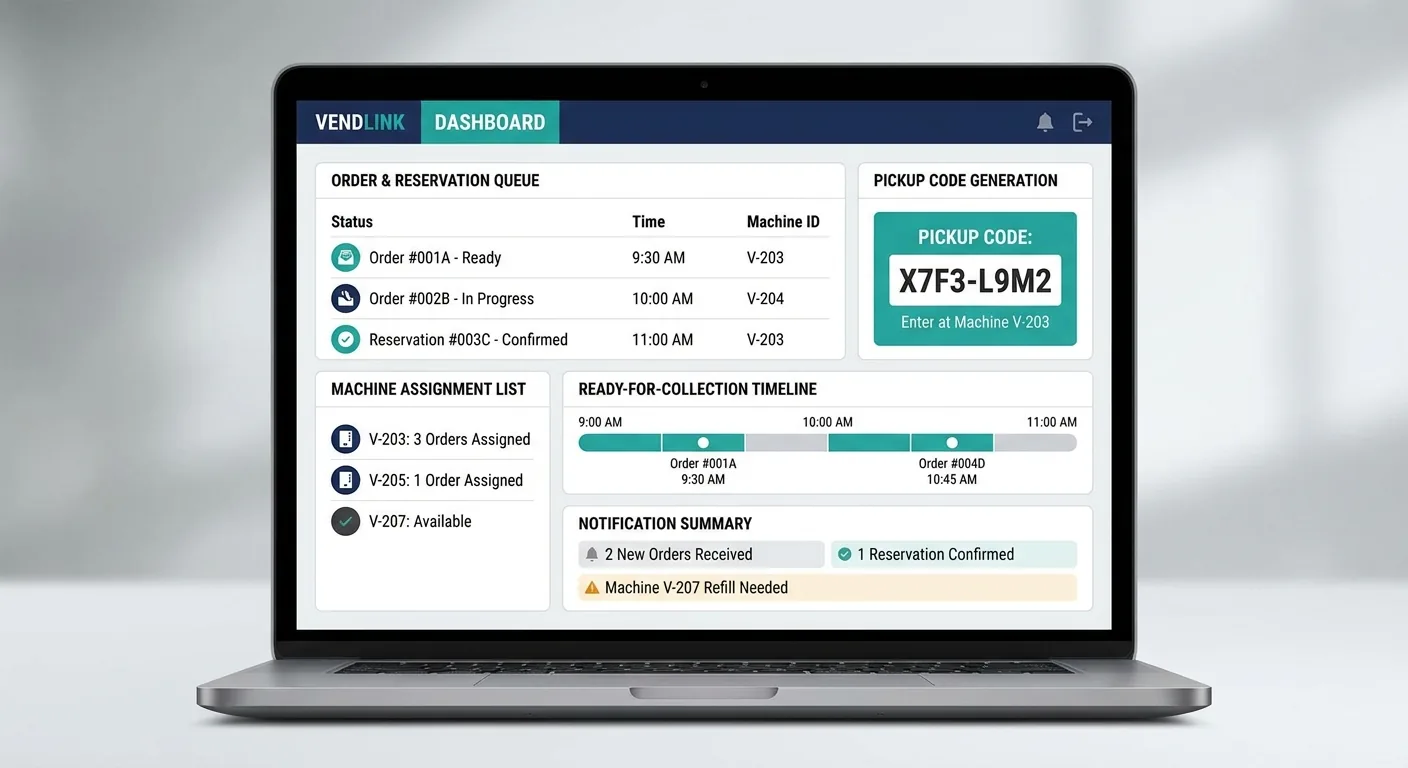 笔记本电脑上展示的自动售货预约取货仪表盘