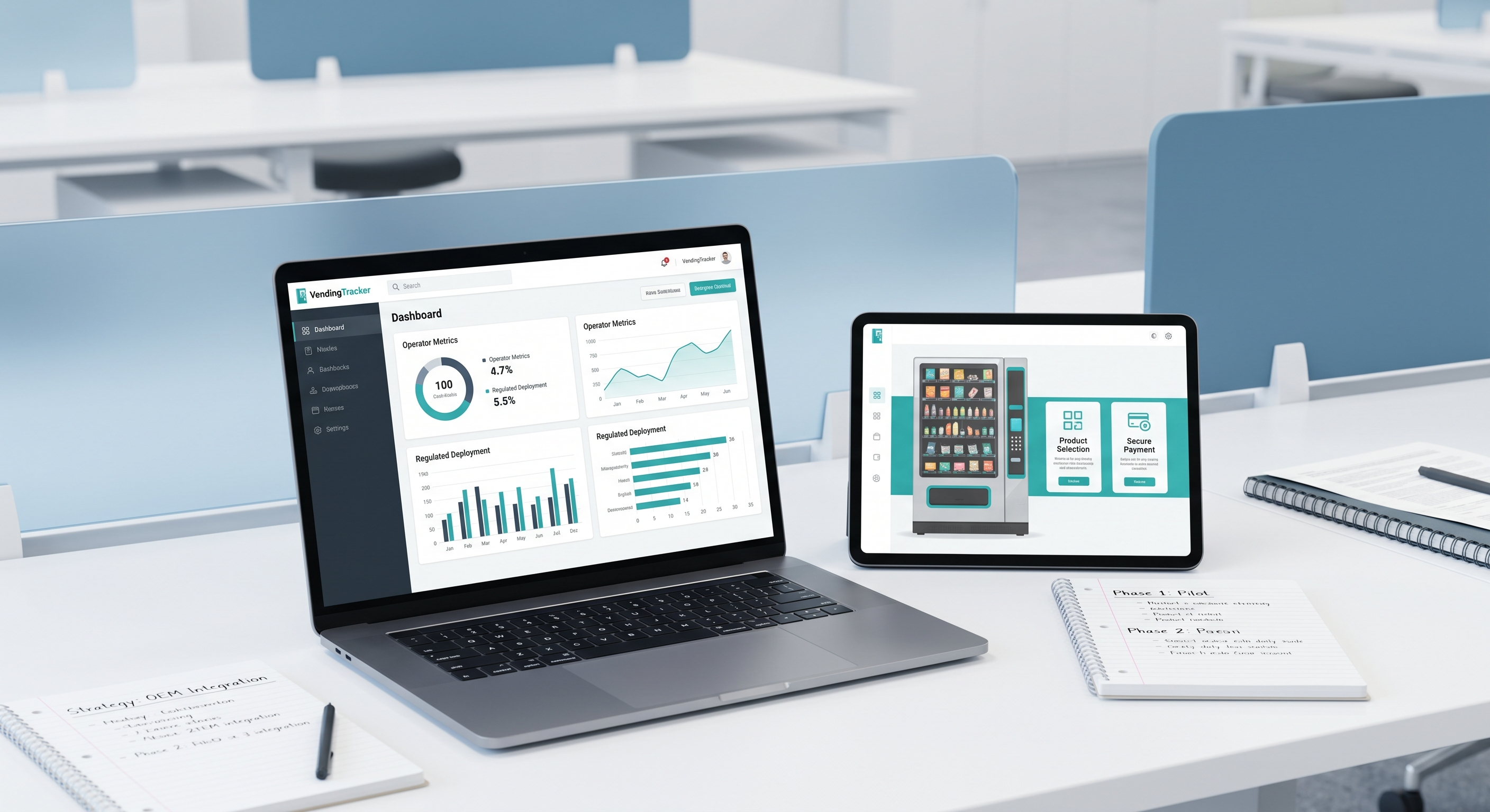 与 VendingTracker 相关的自动售货软件规划工作区和机器界面