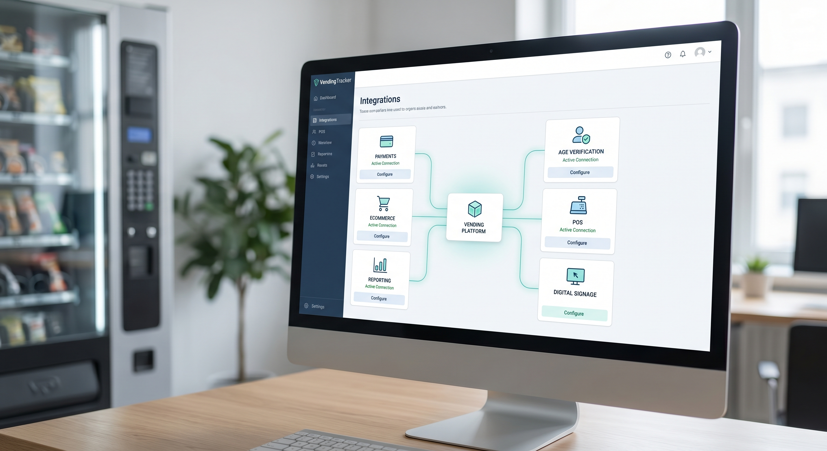 VendingTracker 集成图，展示支付、电商、年龄验证与报表连接