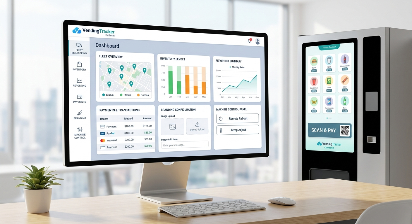 展示云端仪表盘与机台界面的 VendingTracker 平台安全公开视图