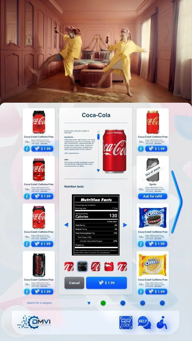 展示结账流程的 VendingTracker 竖屏触控界面