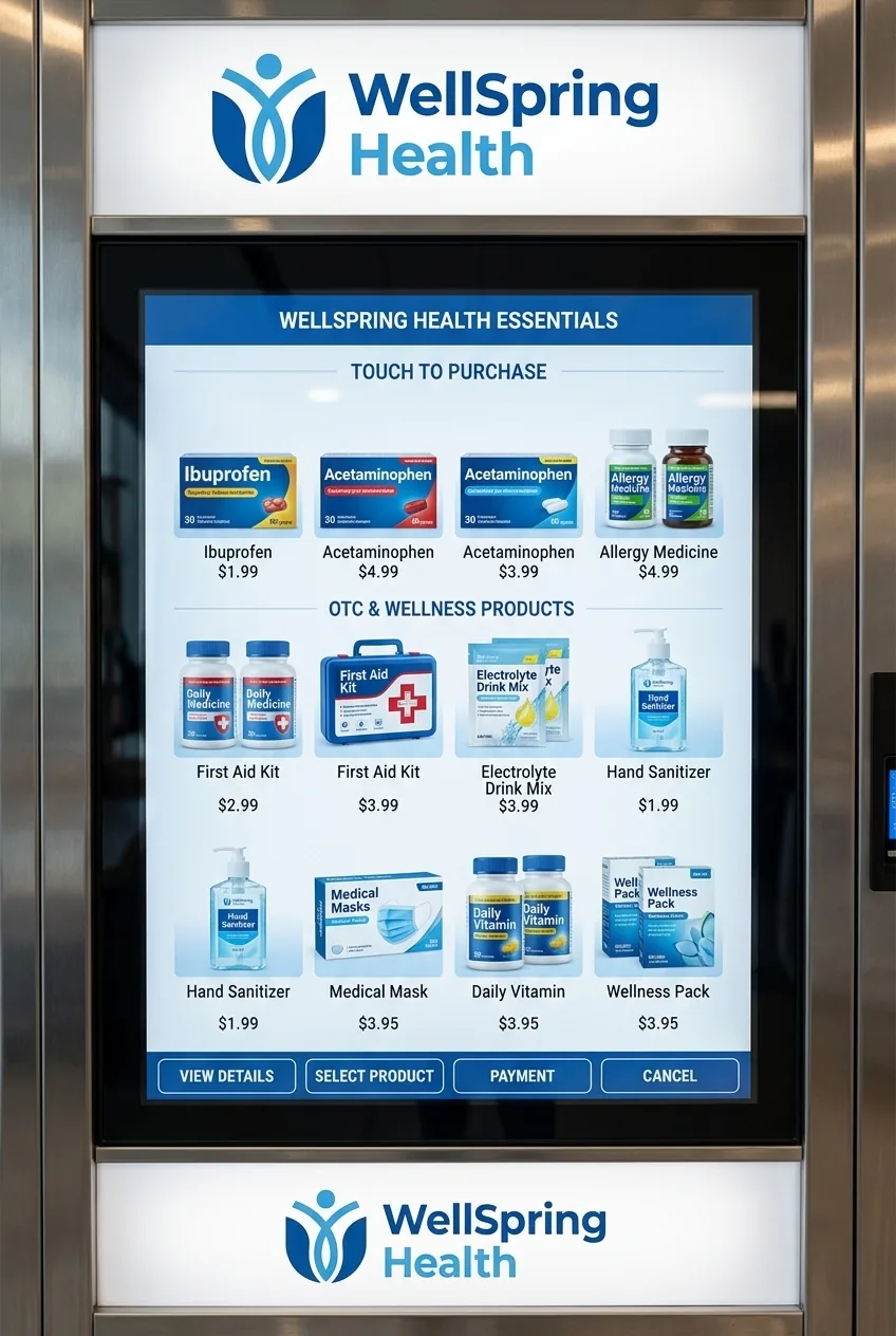 WellSpring Health 品牌化竖屏自动售货触控界面